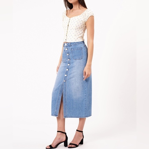 New Rollas Sailor Skirt Mid Vintage Blue Pencil Midi Button Front Slit Denim 24 - Picture 13 of 13